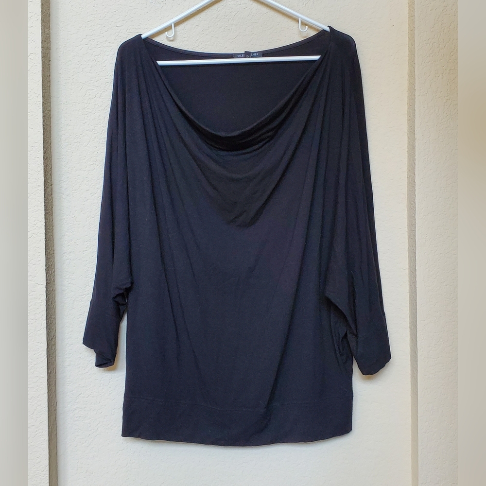 Eileen Fisher Black Drape Neck Blouse.  Size Large